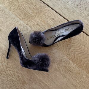 Sam Edelman Brown Velvet Pointed-Toe Heels with Pom-Pom Accent